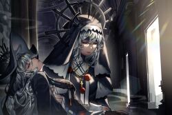 Rule 34 | 2girls, arknights, black dress, black headwear, breasts, carrying, carrying person, church, closed eyes, closed mouth, dress, dual persona, grey hair, hat, indoors, jewelry, kikan (kikanoe), large breasts, light, long hair, multiple girls, necklace, nun, specter (arknights), specter the unchained (arknights), veil