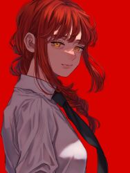 Rule 34 | 1girl, absurdres, bags under eyes, black necktie, braid, chainsaw man, closed mouth, collared shirt, eyebrows hidden by hair, eyelashes, highres, long hair, makima (chainsaw man), necktie, norimaki (seidan0611), red background, red hair, red theme, ringed eyes, shirt, sidelocks, simple background, smile, solo, upper body, white shirt, yellow eyes