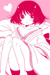 Rule 34 | 10s, 1girl, bare legs, bare shoulders, blush, breasts, cleavage, closed mouth, collarbone, heart, hoozuki no reitetsu, horns, japanese clothes, kimono, looking away, looking to the side, medium breasts, monochrome, off shoulder, peach maki, pink background, pink theme, short hair, simple background, sitting, solo, yuu (chucooooo)