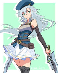 Rule 34 | 1girl, belt pouch, beret, blue background, boots, detached sleeves, dual wielding, eiyuu densetsu, falcom, feng you, fie claussell, gunblade, hair between eyes, hat, holding, holding weapon, kuro no kiseki, long hair, pouch, sidelocks, simple background, skirt, smile, solo, weapon, white hair