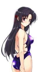Rule 34 | 1girl, arms at sides, ass, backless swimsuit, black eyes, black hair, blush, breasts, closed mouth, cowboy shot, from behind, from side, game cg, hair between eyes, hair intakes, hair ribbon, highres, koga sayoko, long hair, looking at viewer, medium breasts, misaki kurehito, one-piece swimsuit, parted bangs, purple one-piece swimsuit, red ribbon, ribbon, smile cubic!, solo, standing, straight hair, swimsuit, tachi-e, transparent background, very long hair
