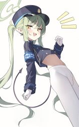 Rule 34 | 1girl, absurdres, black hat, black jacket, black tail, blue archive, blush, demon tail, earrings, fang, flat chest, gloves, green hair, green halo, groin, halo, hat, highres, jacket, jewelry, long hair, long sleeves, loyo, navel, nozomi (blue archive), open mouth, pantyhose, peaked cap, pointy ears, simple background, skin fang, smile, solo, tail, twintails, white background, white gloves, white pantyhose, yellow eyes