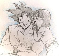 Rule 34 | 1boy, 1girl, bare pectorals, black eyes, black hair, closed eyes, dougi, dragon ball, fingerless gloves, gloves, grandfather and granddaughter, happy, looking at another, manly, monochrome, ochanoko (get9-sac), open mouth, pan (dragon ball), pectorals, short hair, simple background, smile, son goku, spiked hair, whispering, wristband