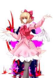Rule 34 | 1girl, arm up, armband, ascot, belt, belt buckle, blonde hair, blouse, bow, buckle, crescent, cross, feathered wings, feet out of frame, frilled shirt collar, frills, gengetsu (touhou), gradient background, grey pantyhose, hair bow, highres, juliet sleeves, long sleeves, looking at viewer, outstretched arm, pantyhose, pink shirt, pink skirt, pointy ears, puffy sleeves, red ascot, red vest, shirt, short hair, skirt, skirt set, smile, solo, standing, tk31, touhou, touhou (pc-98), transparent background, vest, white background, white wings, wings, yellow eyes