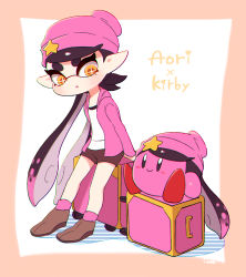 Rule 34 | + +, 1girl, :o, beanie, black hair, brown footwear, brown shorts, callie (splatoon), character name, company connection, copy ability, coula cat, crossover, gradient hair, hat, hat ornament, highres, hood, hood down, hooded jacket, inkling, jacket, kirby, kirby (series), long hair, long sleeves, luggage, mole, mole under eye, multicolored hair, nintendo, open clothes, open jacket, open mouth, orange eyes, pink hair, pink headwear, pink jacket, pointy ears, rolling suitcase, shirt, shoes, shorts, splatoon (series), splatoon 2, star (symbol), suitcase, symbol-shaped pupils, tentacle hair, two-tone hair, very long hair, white shirt
