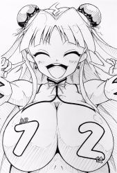 Rule 34 | 1girl, ahoge, ass, blush, breasts, bun cover, capelet, censored, censored by text, cleavage, closed mouth, double bun, earrings, female focus, greyscale, hair bun, highres, jewelry, jin homuhomu, large breasts, monochrome, puffy sleeves, renka (senran kagura), ribbon, senran kagura, solo, traditional media, two side up, v