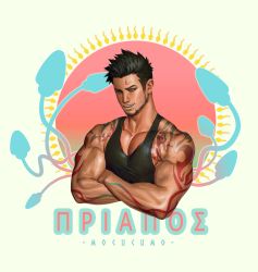Rule 34 | 1boy, bara, beard, black hair, cropped torso, crossed arms, facial hair, gyee, highres, looking at viewer, male focus, manly, mocucumo, muscular, pectorals, priapus, priapus (gyee), red pupils, smile, solo, tank top, tattoo, upper body