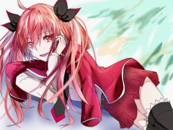Rule 34 | &gt;:), 1girl, ahoge, arm support, belt, black belt, black ribbon, black thighhighs, blurry, blurry background, collar, commentary request, dande cat, date a live, eyelashes, feet out of frame, frilled thighhighs, frills, hair between eyes, hair ribbon, hand on own face, itsuka kotori, jacket, long hair, looking at viewer, lying, miniskirt, necktie, on side, open mouth, pleated skirt, red eyes, red hair, red jacket, red necktie, red skirt, ribbon, shirt, sidelocks, simple background, skirt, smile, solo, teeth, thighhighs, twintails, uniform, upper teeth only, v-shaped eyebrows, very long hair, white collar, white shirt, zettai ryouiki
