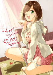 Rule 34 | 1girl, ;3, ;d, bed, bedroom, breasts, brown hair, cleavage, commentary request, curtains, dated, day, dress, fang, green eyes, happy birthday, hood, hoodie, idolmaster, idolmaster cinderella girls, indoors, long sleeves, maekawa miku, miyabi akino, one eye closed, open mouth, paw pose, pink dress, short hair, smile, solo