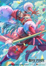 Rule 34 | 1girl, aqua hair, bisaiiiii, boots, cloud, coat, commentary request, confetti, copyright name, elbow gloves, epaulettes, eye mask, glint, gloves, hat, holding, long hair, looking at viewer, official art, one piece, one piece card game, open mouth, pants, pom pom (clothes), porche (one piece), red coat, red pants, sky, solo, upper body