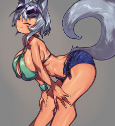 Rule 34 | 1girl, ahoge, animal ears, bare arms, belt, bent over, bikini, bikini top only, blue shorts, breasts, closed eyes, commentary, cowboy shot, dark-skinned female, dark skin, denim, denim shorts, eyewear on head, fang, fang out, fox ears, fox tail, from side, green bikini, green nails, grey background, halterneck, hands on own knees, highres, huge breasts, micro shorts, nail polish, open belt, open fly, original, panty straps, profile, short hair, shorts, simple background, smile, solo, sunglasses, swimsuit, tail, tail raised, thighs, waa153, wristband