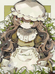 Rule 34 | 1girl, absurdres, apron, arms at sides, border, bow, brown hair, buttons, center frills, closed mouth, commentary request, dress, flower, frilled sleeves, frills, green background, green dress, green eyes, hair bow, hair ornament, hat, highres, lily of the valley, long hair, mob cap, no nose, original, outside border, pocket, puffy short sleeves, puffy sleeves, short sleeves, smile, solo, soresaki, very long hair, waist apron, wavy hair, white apron, white border, white bow, white flower, white hat, x hair ornament