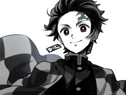 Rule 34 | 1boy, asada hachi, checkered clothes, checkered jacket, closed mouth, commentary, dated commentary, earrings, gakuran, greyscale, hanafuda, jacket, jewelry, kamado tanjirou, kimetsu no yaiba, looking at viewer, male focus, monochrome, red eyes, scar, scar on face, scar on forehead, school uniform, short hair, smile, solo, spot color, twitter username, watermark