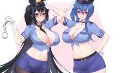 Rule 34 | 2girls, alternate costume, arm up, azur lane, belt, between breasts, black hair, black headwear, black legwear, black neckwear, blue hair, blue shirt, blue skirt, breasts, choker, closed mouth, collarbone, commentary, cowboy shot, cuffs, gloves, hair between eyes, hand on own hip, hand up, handcuff dangle, handcuffs, hat, highres, kuavera, long hair, multiple girls, navel, necktie, necktie between breasts, pantyhose, parted lips, pink background, pink eyes, police, police hat, police uniform, red eyes, shirt, short sleeves, skirt, smile, st. louis (azur lane), taihou (azur lane), tied shirt, uniform, very long hair, white background, white gloves
