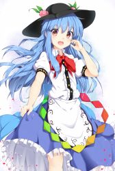Rule 34 | 1girl, blue hair, boushi (nandemo), bow, clothes lift, food, fruit, gradient background, hat, highres, hinanawi tenshi, long hair, looking at viewer, open mouth, peach, puffy short sleeves, puffy sleeves, red eyes, shirt, short sleeves, skirt, skirt lift, smile, solo, touhou, very long hair