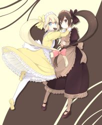 Rule 34 | 2girls, apron, blonde hair, blue eyes, bow, brown eyes, brown hair, brown legwear, candy, chocolate, chocolate heart, dress, food, food in mouth, hair bow, hands on shoulders, heart, highres, maid headdress, mary janes, mouth hold, multiple girls, naraba yueni, original, pantyhose, shoes, white legwear