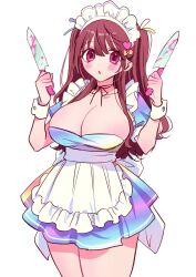 Rule 34 | 1girl, :o, akiyama enma, apron, blood, bow, breasts, brown hair, cleavage, dress, frilled apron, frills, hair bow, hair ornament, hair ribbon, hands up, heart, heart hair ornament, highres, holding, holding knife, kimi ni koisuru satsujinki, knife, large breasts, long hair, looking to the side, maid headdress, multicolored clothes, multicolored dress, parted lips, pink blood, pink eyes, puffy short sleeves, puffy sleeves, ribbon, short dress, short sleeves, sleeve cuffs, solo, thick thighs, thighs, twintails, wide hips