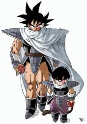 Rule 34 | 2boys, armor, black footwear, black hair, boots, breastplate, cape, character request, dragon ball, dragonball z, durian, food, fruit, full body, highres, holding, holding food, holding fruit, kakeru (dbskakeru), looking at viewer, multiple boys, muscular, muscular male, pants, purple pants, scouter, shirt, short hair, simple background, sleeveless, son gohan, spiked hair, toriyama akira (style), tullece, white background, white cape