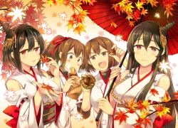 Rule 34 | 10s, 4girls, :d, autumn, autumn leaves, bare shoulders, black hair, breasts, brown eyes, brown hair, detached sleeves, eating, falling leaves, food, fusou (kancolle), hair ornament, hair ribbon, holding, holding leaf, hyuuga (kancolle), ise (kancolle), japanese clothes, kantai collection, large breasts, leaf, long hair, maple leaf, multiple girls, nontraditional miko, nut (food), oil-paper umbrella, open mouth, parasol, ponytail, red eyes, ribbon, sash, short hair, smile, sweet potato, takitarou, umbrella, upper body, yamashiro (kancolle)