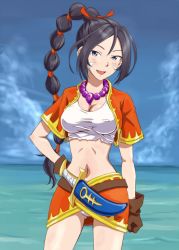 Rule 34 | 1girl, anbj, bandages, black hair, blue eyes, breasts, chrono cross, cleavage, cosplay, crop top, facial mark, gloves, high ponytail, idolmaster, idolmaster cinderella girls, jewelry, kid (chrono cross), knife, long hair, looking at viewer, midriff, multi-tied hair, navel, necklace, open mouth, panties, ponytail, skirt, smile, solo, sugisaka umi, underwear, vest