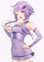 Rule 34 | 1girl, ;d, ahoge, bare shoulders, breasts, commentary request, covered navel, criss-cross halter, detached sleeves, dress, grey background, hair ornament, halterneck, hand on own hip, highres, kanzen bouon, long hair, long sleeves, looking at viewer, notice lines, one eye closed, open mouth, purple dress, purple eyes, purple hair, purple sleeves, simple background, small breasts, smile, solo, standing, very long hair, vocaloid, voiceroid, yuzuki yukari