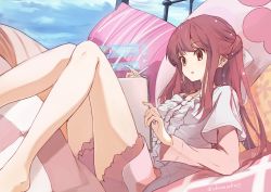 Rule 34 | 1girl, :o, absurdres, bare legs, barefoot, brown eyes, buttons, center frills, chamu (chammkue), earrings, frills, highres, jewelry, knees together feet apart, long hair, long sleeves, open mouth, red hair, rin (shelter), shelter (song), solo, tablet pc, twitter username