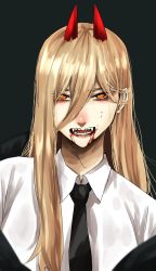 Rule 34 | + +, 1girl, black necktie, blonde hair, blood, blood on face, chainsaw man, collared shirt, cross-shaped pupils, fangs, hair between eyes, highres, horns, hoshi san 3, long hair, looking at viewer, necktie, open mouth, power (chainsaw man), red eyes, sharp teeth, shirt, solo, symbol-shaped pupils, teeth, upper body, white shirt, wing collar