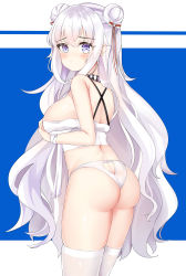 Rule 34 | 1girl, absurdres, alternate breast size, arlene (ju), ass, azur lane, bare arms, bare shoulders, black choker, blue background, blush, bow, breasts, choker, closed mouth, clothing cutout, commentary request, criss-cross halter, double bun, hair between eyes, hair bow, hair bun, halterneck, heart cutout, highres, large breasts, le malin (azur lane), long hair, looking at viewer, looking back, no pants, panties, purple eyes, ribbon, sideboob, skindentation, solo, striped bow, striped ribbon, thighhighs, two-tone background, underwear, very long hair, white background, white hair, white panties, white thighhighs