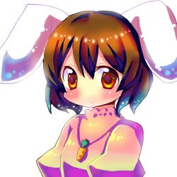 Rule 34 | 1girl, animal ears, bad id, bad pixiv id, brown hair, carrot, chocolat (momoiro piano), female focus, inaba tewi, lowres, orange eyes, rabbit ears, short hair, simple background, solo, touhou, upper body, white background