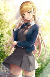 Rule 34 | 1girl, blonde hair, blue jacket, blunt bangs, blurry, blurry background, breasts, clenched teeth, collared shirt, cowboy shot, day, dress, green eyes, grey dress, hairband, hand up, heanna sumire, highres, jacket, long hair, long sleeves, looking at viewer, love live!, love live! superstar!!, medium breasts, napo8593, neck ribbon, pinafore dress, red hairband, red ribbon, ribbon, school uniform, shirt, sleeveless dress, smile, solo, standing, sunlight, teeth, thighhighs, white shirt, wind, yuigaoka school uniform
