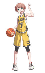 Rule 34 | 1girl, akahane daisuke, bad id, bad pixiv id, ball, basketball (object), basketball uniform, brown hair, green eyes, highres, index finger raised, looking at viewer, original, short hair, shorts, simple background, solo, sportswear, standing