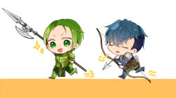 Rule 34 | 2boys, armor, armored boots, arrow (projectile), bad id, bad pixiv id, blue hair, boots, bow (weapon), chibi, fire emblem, fire emblem echoes: shadows of valentia, forsyth (fire emblem), fujihana2, gloves, green armor, green eyes, green hair, male focus, multiple boys, nintendo, open mouth, polearm, python (fire emblem), quiver, sparkle, spear, weapon