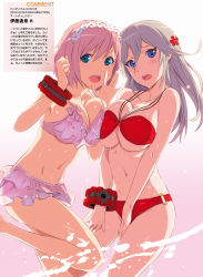 Rule 34 | 10s, alisa ilinichina amiella, artist request, asymmetrical docking, bikini, blue eyes, blush, bracelet, breast press, breasts, breasts squeezed together, cleavage, daiba canon, flower ornament, frilled bikini, frills, god eater, god eater: resurrection, gradient background, green eyes, hair between eyes, hairband, halterneck, hand on own thigh, highres, jewelry, large breasts, leg up, light brown hair, looking at viewer, navel, non-web source, o-ring, o-ring bikini, o-ring bottom, o-ring top, outstretched hand, pink bikini, pink hair, red bikini, scan, simple background, swimsuit, underboob