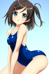 Rule 34 | 10s, 1girl, :o, absurdres, ahoge, arched back, bare shoulders, black hair, blue eyes, blush, breasts, competition school swimsuit, covered navel, cowboy shot, dutch angle, from side, gradient background, hair ornament, hairclip, hentai ouji to warawanai neko., highres, kneeling, looking at viewer, looking back, one-piece swimsuit, one side up, open mouth, parted bangs, school swimsuit, scrunchie, shiny clothes, short hair, small breasts, solo, sugimura tomokazu, swept bangs, swimsuit, tsutsukakushi tsukiko, v arms