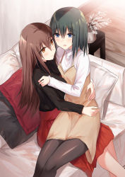 Rule 34 | 2girls, :d, black hair, black legwear, black sweater, blue eyes, blush, brown dress, brown eyes, brown hair, closed mouth, couch, dress, eye contact, feet out of frame, hair between eyes, indoors, kinona, long hair, long sleeves, looking at another, multiple girls, on couch, open mouth, original, pantyhose, pillow, plant, potted plant, red skirt, ribbed sweater, shirt, sitting, sitting on lap, sitting on person, skirt, sleeveless, sleeveless dress, sleeves past wrists, smile, sweater, table, turtleneck, turtleneck sweater, very long hair, white shirt, wooden floor, yuri
