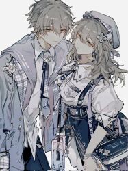 Rule 34 | 1boy, 1girl, bag, beret, blue skirt, bow, bowtie, caelus (honkai: star rail), closed mouth, collared shirt, cowboy shot, fashion, grey hair, grey headwear, grey jacket, grey necktie, hair between eyes, handbag, hat, highres, honkai: star rail, honkai (series), jacket, long hair, long sleeves, looking at viewer, mulihaohao, necktie, open clothes, open jacket, plaid, plaid jacket, plaid necktie, puffy short sleeves, puffy sleeves, school uniform, shirt, short hair, short sleeves, simple background, skirt, smile, stelle (honkai: star rail), suspender skirt, suspenders, trailblazer (honkai: star rail), two-sided fabric, two-sided jacket, white background, white bow, white bowtie, white shirt, yellow eyes
