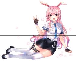Rule 34 | 1girl, :d, animal ears, belt, belt buckle, black belt, black footwear, black gloves, black skirt, blue necktie, blush, breasts, buckle, collared shirt, commentary request, commission, cuffs, elsword, fingerless gloves, full body, gloves, gun, hair between eyes, hand up, handcuffs, handgun, heart, high heels, highres, holster, holstered, laby (elsword), long hair, necktie, open mouth, pink eyes, pink hair, pistol, rabbit ears, round teeth, shirt, shoes, short sleeves, simple background, skirt, small breasts, smile, solo, teeth, thigh holster, thighhighs, upper teeth only, very long hair, weapon, white background, white shirt, white thighhighs, xes (xes 5377)