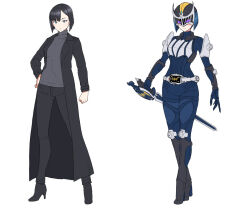 2girls akiyama_ren armor belt black_boots black_coat black_hair black_pants blue_bodysuit blue_eyes blue_hair bodysuit boots closed_mouth coat commentary dual_persona eidenjyou1997 eye_mask frown full_body genderswap genderswap_(mtf) grey_shirt hand_on_own_hip high_heel_boots high_heels holding holding_sword holding_weapon kamen_rider kamen_rider_knight kamen_rider_ryuki_(series) knee_boots long_coat looking_at_viewer multiple_girls open_clothes open_coat pants purple_eyes reverse_grip rider-tan rider_belt shirt short_hair silver_belt simple_background standing sword turtleneck turtleneck_shirt v_buckle weapon white_background