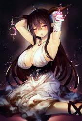 Rule 34 | 10s, 1girl, antenna hair, armpits, arms up, bad id, bad nicoseiga id, bandaged arm, bandages, black hair, blush, breasts, cleavage, crescent, danua, draph, dress, granblue fantasy, hair between eyes, highres, horn ornament, horns, jewelry, large breasts, long hair, looking at viewer, necklace, po. (medamaoyazi), pointy ears, red eyes, solo, white dress