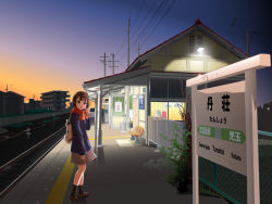 Rule 34 | 1girl, arm at side, backpack, bag, black socks, blue coat, brown eyes, brown footwear, brown hair, building, cardigan, chair, coat, commentary request, dark, fence, fluorescent lamp, from side, full body, hand in own hair, kneehighs, loafers, looking at viewer, miniskirt, original, outdoors, plaid, plaid skirt, power lines, railroad tracks, scarf, shoes, short hair, sign, skirt, sleeves past wrists, socks, solo, standing, sunset, tousai (kiha52122), train station, train station platform, utility pole, white bag, wide shot