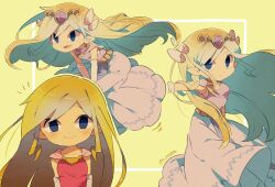 Rule 34 | 1girl, :d, arm up, artist name, blonde hair, blue eyes, blush, closed mouth, commentary request, dress, elbow gloves, expressionless, floating hair, gem, gloves, green background, hair ornament, highres, long hair, looking at viewer, multiple views, nintendo, notice lines, open mouth, parted bangs, pink dress, pink gemstone, pointy ears, princess zelda, sidelocks, simple background, sleeveless, sleeveless dress, smile, swept bangs, the legend of zelda, the legend of zelda: the wind waker, tiara, tokuura, toon zelda, twitter username, very long hair, white gloves