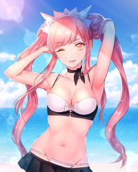 Rule 34 | 1girl, ;p, armpits, arms up, beach, bikini, black choker, black skirt, breasts, choker, cleavage, cloud, day, fate/grand order, fate (series), female focus, hairband, highres, lens flare, long hair, looking at viewer, medb (fate), medb (swimsuit saber) (fate), medb (swimsuit saber) (second ascension) (fate), medium breasts, midriff, moe (hamhamham), navel, ocean, one eye closed, outdoors, pink hair, shade, skirt, smile, solo, standing, swimsuit, tongue, tongue out, twintails, type-moon, white bikini, wink, yellow eyes