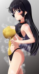 Rule 34 | 1girl, bare shoulders, biker clothes, black hair, blush, breasts, check commentary, choker, collar, commentary, commentary request, cutie honey, cutie honey (character), cutie honey flash, gradient background, gradient hair, grey background, heart collar, highres, hot, hurricane honey, large breasts, long hair, looking at viewer, looking to the side, momoisaki42, multicolored hair, navel, parted lips, profile, purple eyes, sidelocks, simple background, skin tight, sparkling sweat, steam, steaming body, sweat, sweat stain, sweaty clothes, underwear, undressing, very sweaty, walking