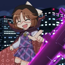 1girl bow building cape clothes_writing female_focus hat hat_bow mikan_imo night open_mouth pointing runes skyscraper smile solo touhou usami_sumireko