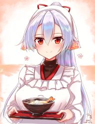 Rule 34 | 1girl, apron, black undershirt, blush, bowl, chopsticks, commentary request, dated, fate/grand order, fate (series), food, hair between eyes, head scarf, highres, holding, holding tray, kappougi, long hair, o h miona, ponytail, red eyes, shrimp, signature, silver hair, smile, solo, tenugui, tomoe gozen (fate), tray, turtleneck, twitter username