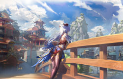 Rule 34 | 1girl, absurdres, ahoge, architecture, ass, back, backless outfit, bird, black pantyhose, blue hair, blue sky, bow, bridge, building, city, cloud, day, detached sleeves, east asian architecture, eikou no kassai, feet out of frame, fence, from behind, ganyu (genshin impact), genshin impact, gold trim, highres, horns, long hair, low ponytail, mountain, outdoors, pantyhose, signature, sky, solo, standing, tassel, thighlet, thighs, vision (genshin impact), waist cape, white sleeves, wooden fence