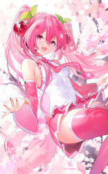 Rule 34 | 1girl, armpit peek, cherry blossom background, cherry blossom print, cherry blossoms, cherry hair ornament, commentary, floral print, food-themed hair ornament, frilled shirt, frills, hair between eyes, hair ornament, hatsune miku, highres, hoojiro, leaf hair ornament, long hair, looking at viewer, necktie, open mouth, pink eyes, pink hair, pink necktie, pink skirt, pink sleeves, pink theme, pink thighhighs, sakura miku, shirt, skirt, smile, solo, thighhighs, twintails, vocaloid, white shirt
