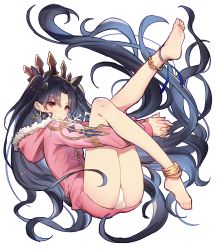 Rule 34 | 1girl, absurdly long hair, anklet, barefoot, black hair, closed mouth, earrings, fate/grand order, fate (series), feet, full body, fur trim, hair ornament, hair ribbon, highres, hood, hooded jacket, ishtar (fate), ishtar (swimsuit rider) (fate), jacket, jewelry, legs, legs up, long hair, oro (sumakaita), own hands together, red eyes, ribbon, smile, soles, solo, toes, tohsaka rin, twintails, two side up, very long hair, white background