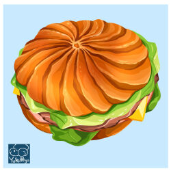 Rule 34 | artist logo, artist name, blue background, bread, cheese, food, food focus, lettuce, meat, no humans, original, sandwich, yuki00yo
