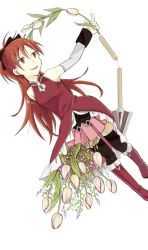 Rule 34 | 1girl, arm at side, armpit peek, bare shoulders, black ribbon, black thighhighs, boots, breasts, chain, commentary, detached sleeves, dot nose, dutch angle, english commentary, feet out of frame, fingernails, flower, flower request, hair between eyes, hair ribbon, hand up, holding, holding polearm, holding spear, holding weapon, knee boots, leaf, light smile, long hair, looking away, mahou shoujo madoka magica, mahou shoujo madoka magica (anime), parted lips, pink skirt, pleated skirt, polearm, ponytail, red eyes, red footwear, red hair, ribbon, sakura kyoko, simple background, skirt, sleeveless, small breasts, solo, soul gem, spear, teeth, thighhighs, upper teeth only, usako (arisusagi), weapon, white background, white flower